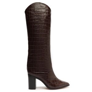 Schutz Maryana Brown Croc Embossed Leather Block Heel Tall Boots Size 6B